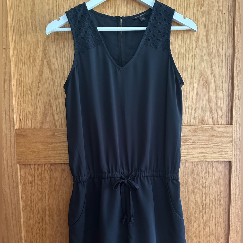 Navy Sleeveless, Shorts Romper with Elastic Waist & Lace Detail